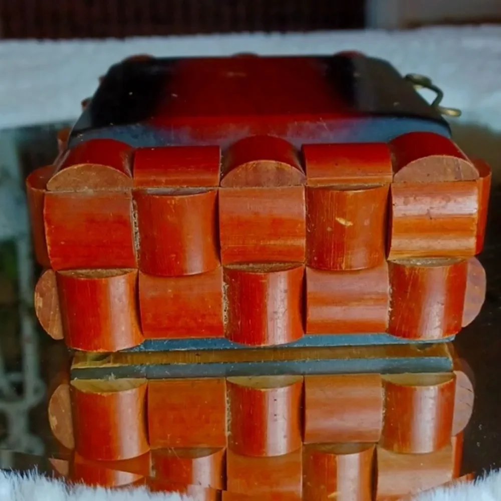 Vintage Unique Cut Cherry Wood Simply Trinket Box Stamped Florence Italy‎